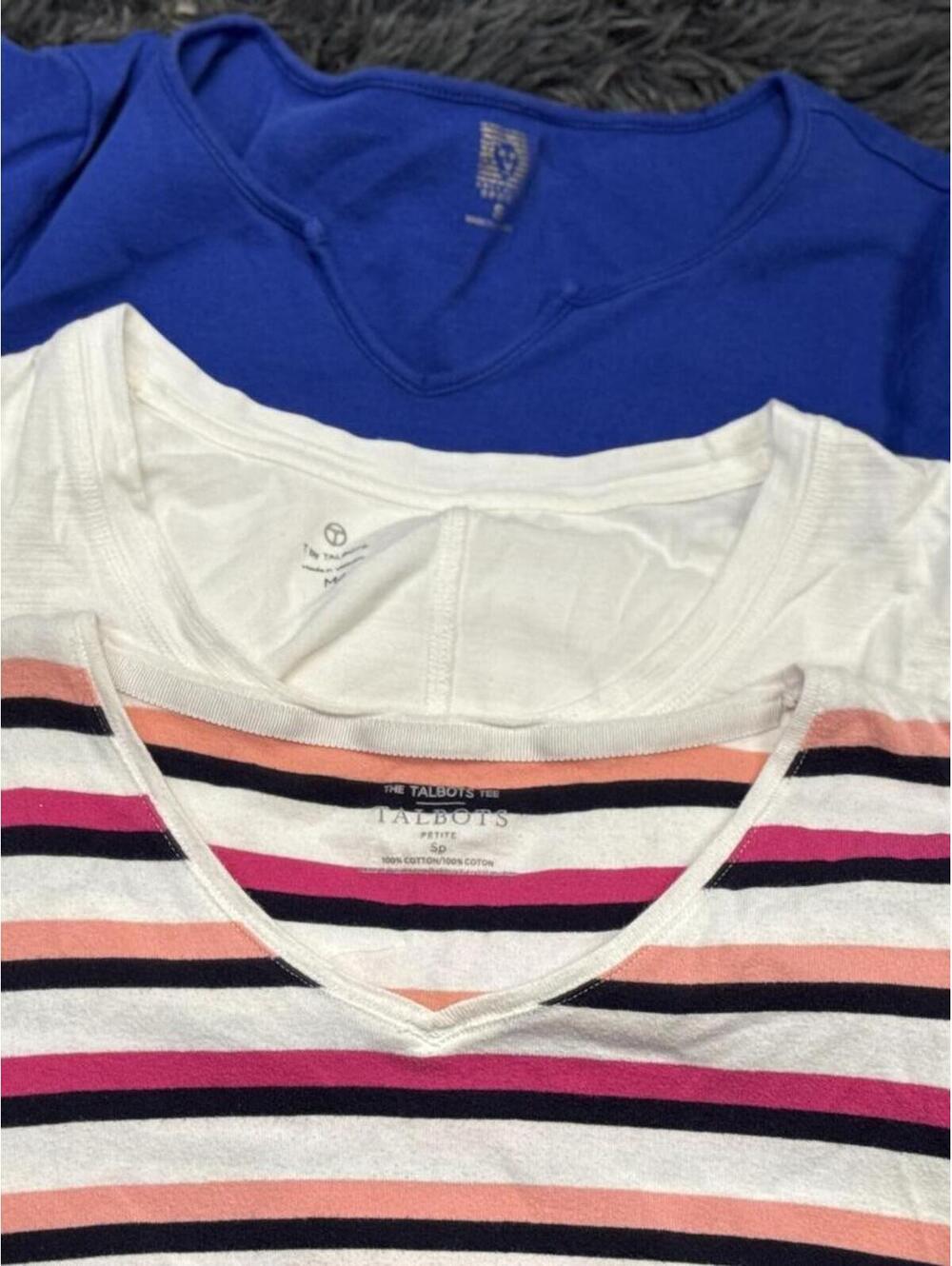 T By Talbots Women's V-Neck T-Shirts - Blue, White, and Striped - Small/Medium